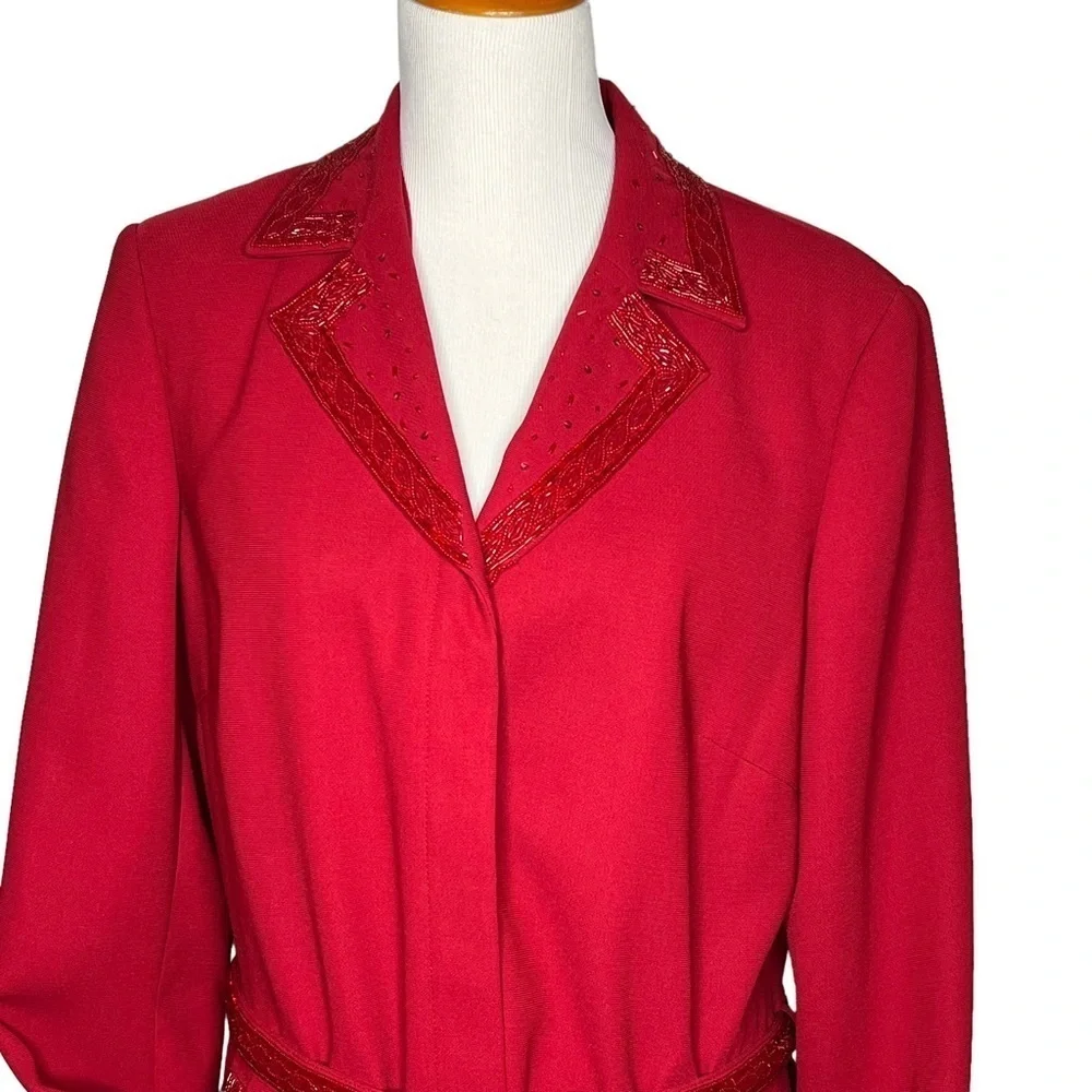 Vintage Emily… Embellished Trim Long Belted Blazer Red Sz 16 Notch Lapel Button